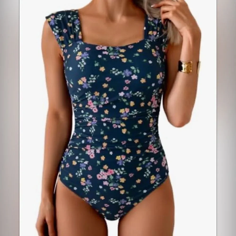 B2prity Womens One Piece Square Neck Tummy Control Ruched Full Coverage Suit M